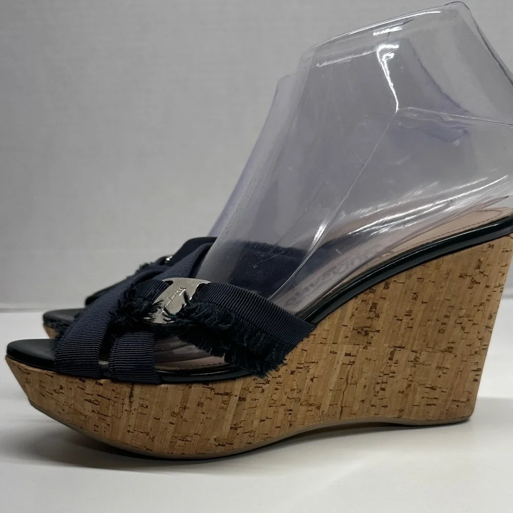 Salvatore Ferragamo Wedges High Heeled Sandals Shoes Frayed Ribbon Blue 6.5